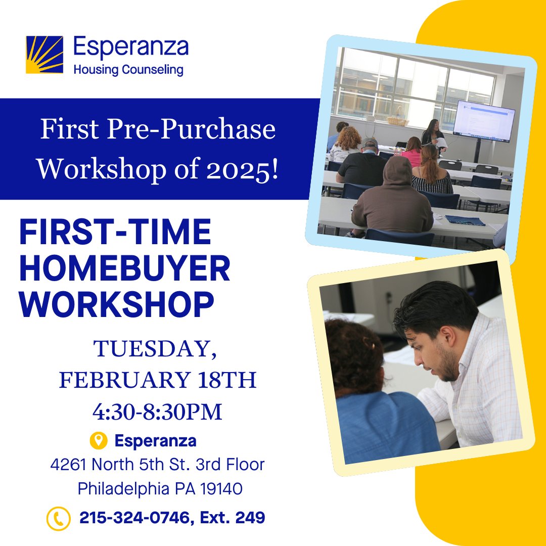 From budgeting to avoiding predatory lending, Esperanza’s First Time Home Buyer Workshop covers it all. Gain the knowledge and certification needed for homeownership success. Sign up today: esperanzaphlinc.setmore.com

#housing #esperanza #homebuyers #huntingpark #philadelphia