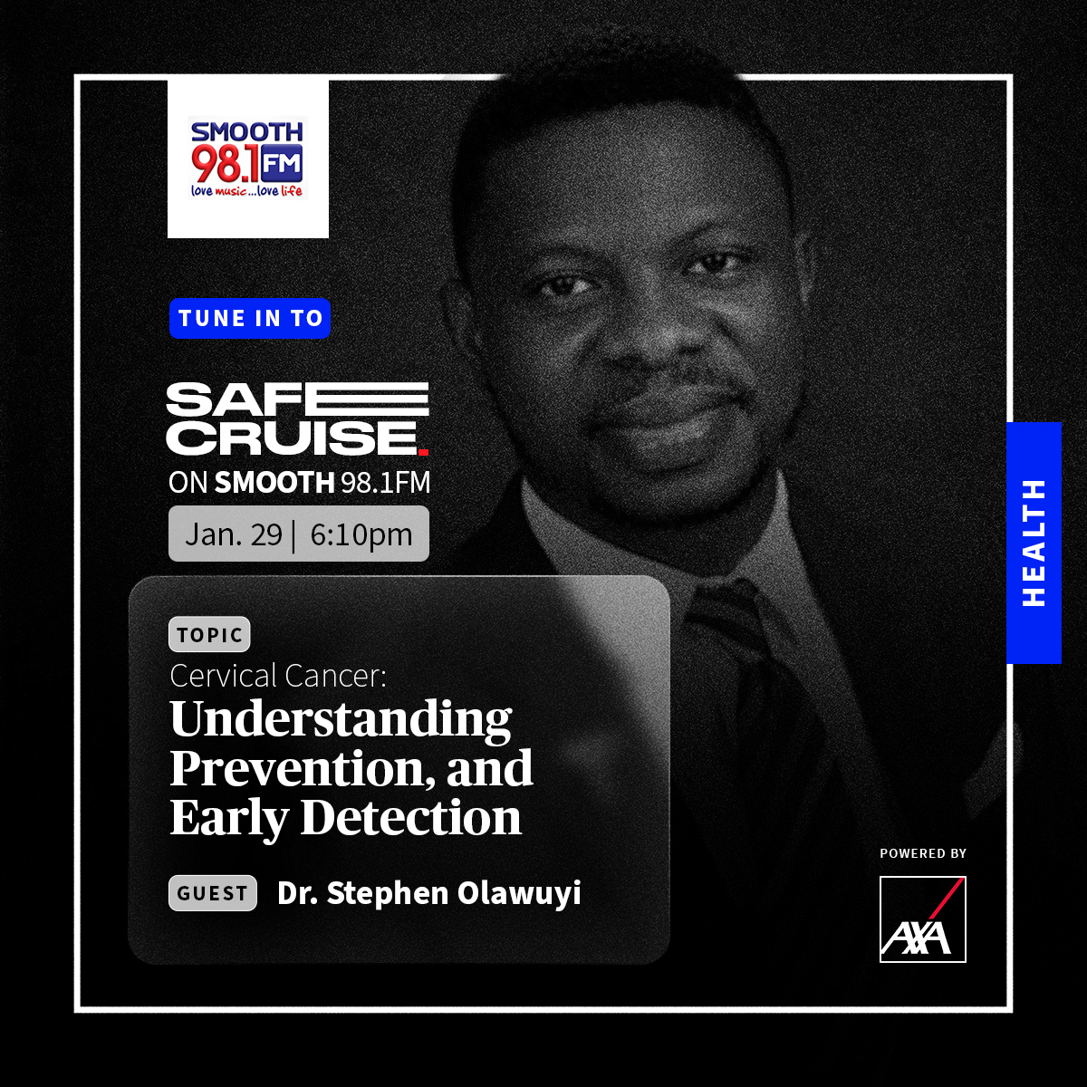 Today, we go live again on Safe Cruise at 6:10 PM!

Join us for another episode as we discuss prevention strategies and simple ways to detect Cervical Cancer.

Don’t miss out!

#AXAMansard #knowyoucan