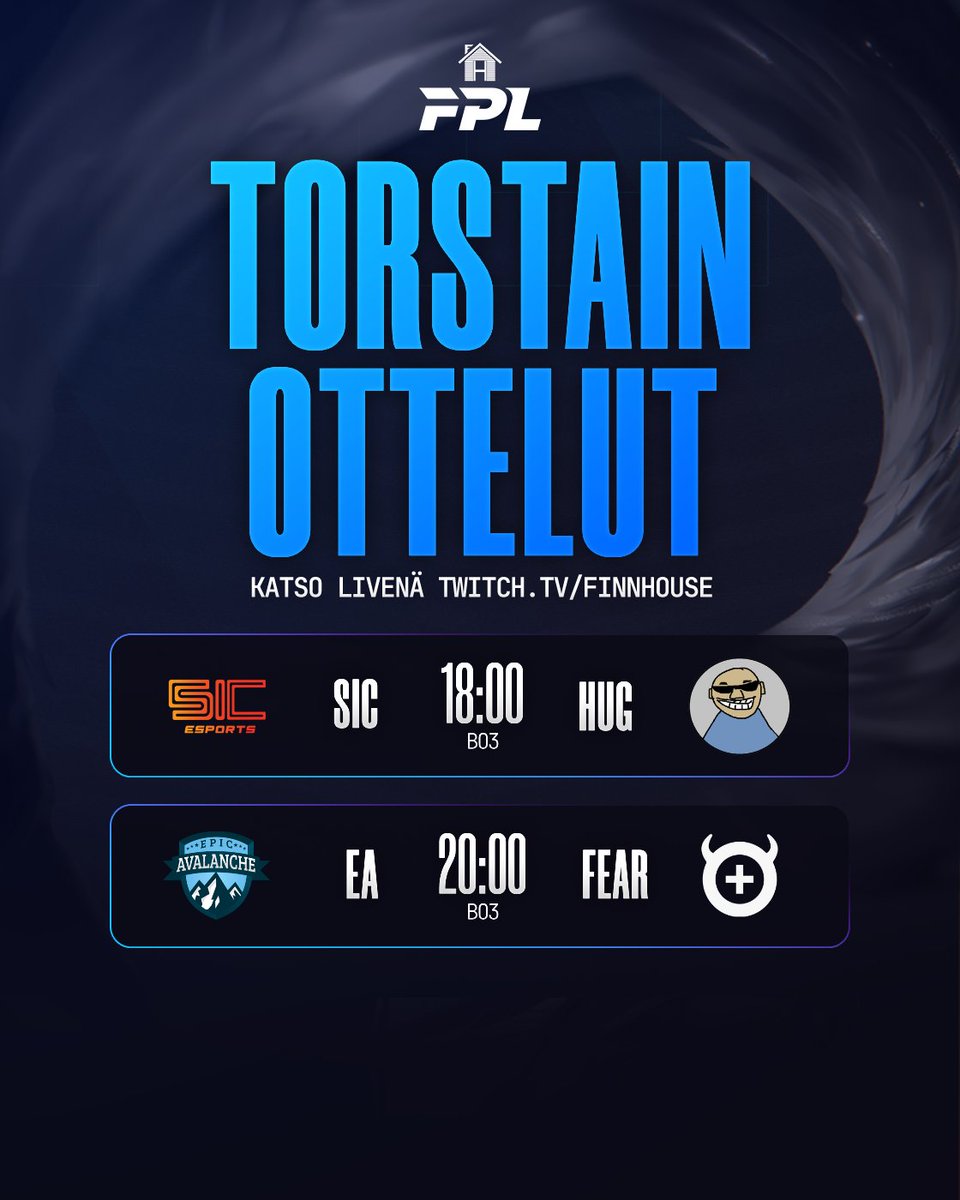 Vauhti kiihtyy🤪

<a href="/SICesportsFI/">SIC esports</a> VS <a href="/HuutisGaming/">Huutis Gaming</a> 

<a href="/EpicAvalanche/">Epic Avalanche</a> VS <a href="/paniikki/">FEAR+</a> 

twitch.tv/finnhouse

#OLEPELOTON