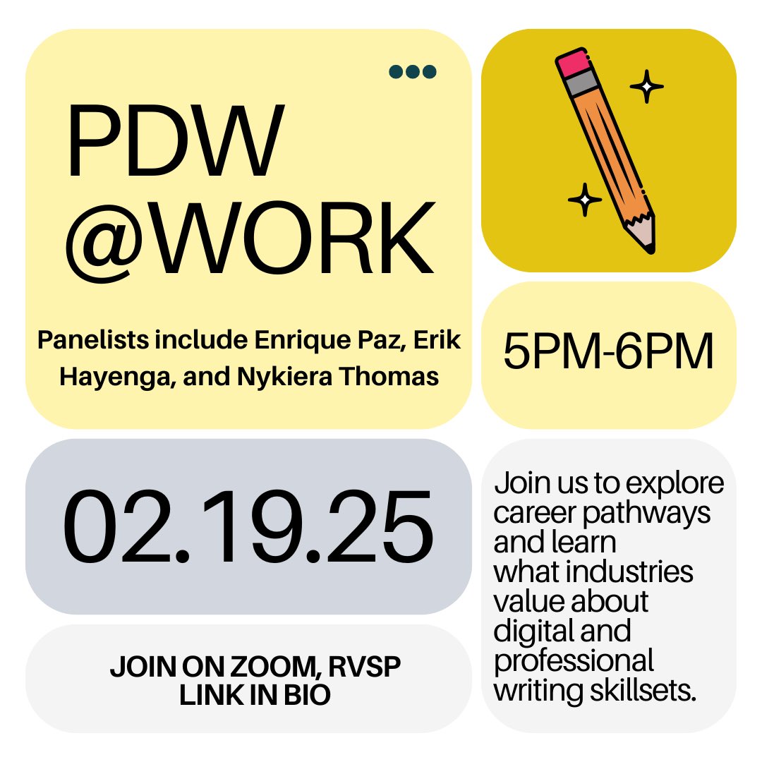 There’s an upcoming Department of Writing and Rhetoric Event entitled PDW@Work on February 19th from 5-6pm. During this one hour Zoom event, we will host a panel of writing specialists and professionals.

#oaklanduniversity #writing #rhetoric