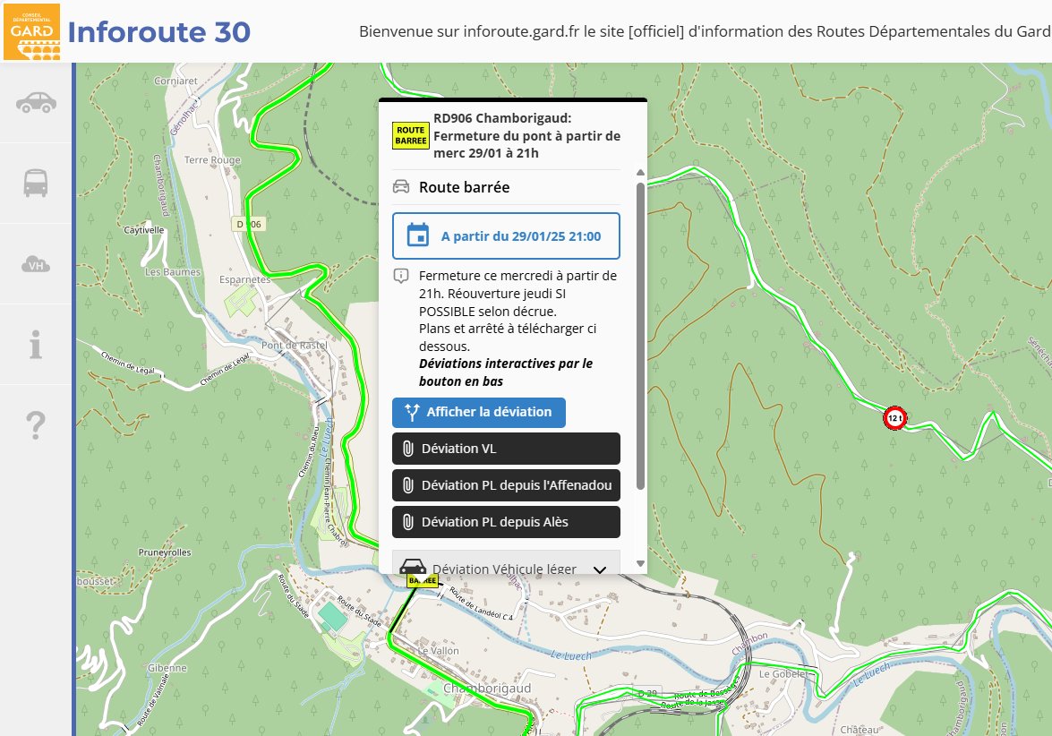 #Gard #Inondations #PluieInondation #Pluie  #Cevennes #Ponts #PontSubmersibles
Merc 29/01 : 
RD906 Pont de #Chamborigaud FERMETURE à 21h.
Déviations sur inforoute.gard.fr