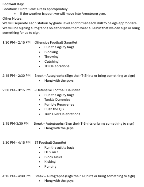 It is footballs turn to host our Friday After School Camps for the following four dates: Jan. 31st - Feb. 14th - 21st - 28th. It is going to be a great time and I hope to see your kids there. Click on link for registration:  eaglesallsportcamp.totalcamps.com/About%20Us