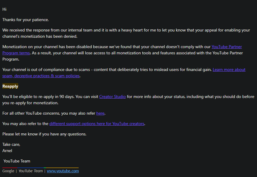 TCMScooty's tweet photo. After nearly 2 weeks of "investigating" my removal from the monetization program @TeamYouTube returned with the reason being "scamming for financial gains". I run a #ttrpg channel as an unpaid GM. I have ways for viewers to support me and that's it. I want to see the proof https://t.co/MXCEtWWn2p
