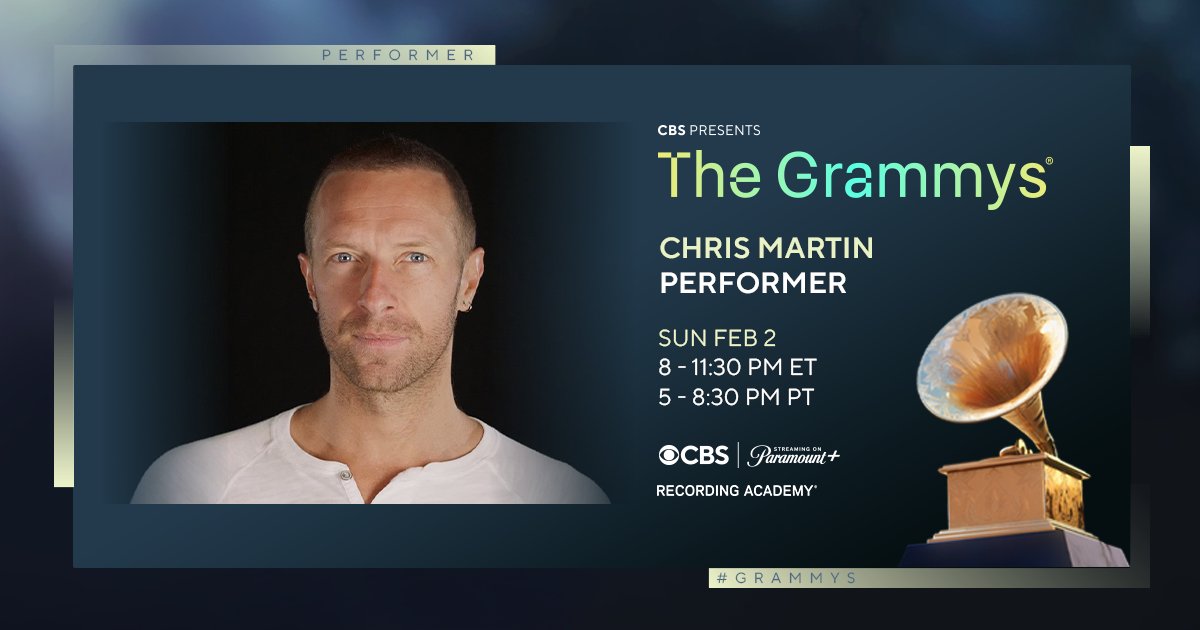 Chris Martin of <a href="/coldplay/">Coldplay</a> will join our roster of performers at this year's #GRAMMYs.

Watch the GRAMMY Awards this Sunday, Feb. 2 at 8 PM ET / 5 PM PT on <a href="/CBS/">CBS</a> and <a href="/paramountplus/">Paramount+</a>: grm.my/4hgDLBm