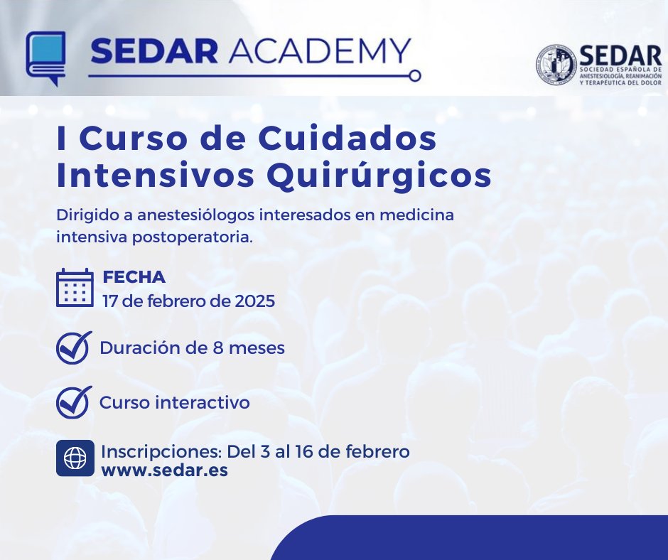 Desde SEDAR y la Sección de Cuidados Intensivos, lanzamos el I Curso de Cuidados Intensivos Quirúrgicos en #SEDARAcademy 🎓

🔹 Dirigido a anestesiólogos interesados en medicina intensiva postoperatoria.

📅 Inscripciones del 3 al 16 de febrero.
🔗 intranet.pacifico-meetings.com/GescoWeb/?cfg=…