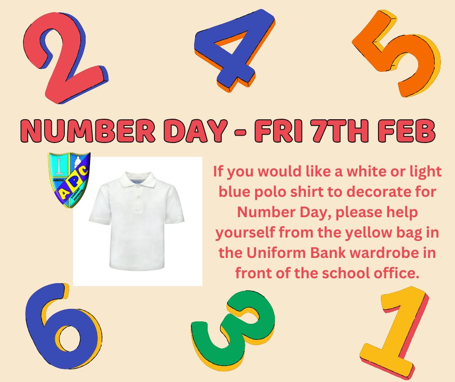 1️⃣2️⃣3️⃣4️⃣5️⃣6️⃣7️⃣8️⃣9️⃣🔟If you would like a white or light blue polo shirt👕 to decorate for Number Day, please help yourself from the yellow bag in the Uniform Bank wardrobe in front of the school office.1️⃣2️⃣3️⃣4️⃣5️⃣6️⃣7️⃣8️⃣9️⃣🔟 <a href="/airthprimary/">Airth Primary School</a> <a href="/AirthNursery/">Airth Nursery</a>