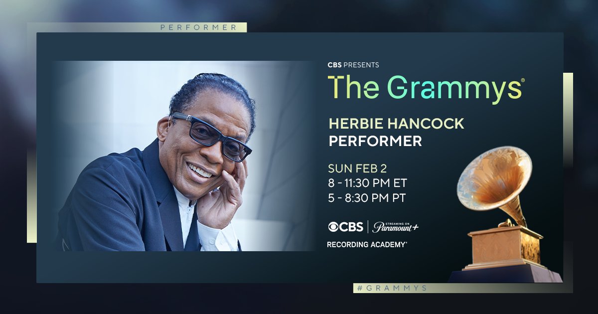 Recording Academy / GRAMMYs (@recordingacad) on Twitter photo .<a href="/herbiehancock/">Herbie Hancock</a> will join our roster of performers at this year's #GRAMMYs.
Watch the GRAMMY Awards this Sunday, Feb. 2 at 8 PM ET / 5 PM PT on <a href="/CBS/">CBS</a> and <a href="/paramountplus/">Paramount+</a>: grm.my/4hgDLBm .<a href="/herbiehancock/">Herbie Hancock</a> will join our roster of performers at this year's #GRAMMYs.
Watch the GRAMMY Awards this Sunday, Feb. 2 at 8 PM ET / 5 PM PT on <a href="/CBS/">CBS</a> and <a href="/paramountplus/">Paramount+</a>: grm.my/4hgDLBm