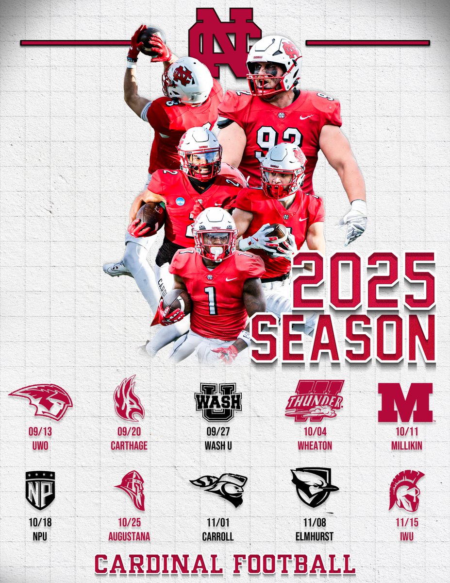 NCC Cardinals (@ncc_athletics) on Twitter photo .<a href="/football_ncc/">NCC Football</a> will brandish the red jerseys six times in the 2025 regular season, opening w/a home game for the first time since 2021 before hosting five <a href="/CCIW_Athletics/">CCIW</a> counterparts.
The Cardinals will be at home for 4 of their first 5 games.
#WeAreNC #d3fb 🏈 .<a href="/football_ncc/">NCC Football</a> will brandish the red jerseys six times in the 2025 regular season, opening w/a home game for the first time since 2021 before hosting five <a href="/CCIW_Athletics/">CCIW</a> counterparts.
The Cardinals will be at home for 4 of their first 5 games.
#WeAreNC #d3fb 🏈