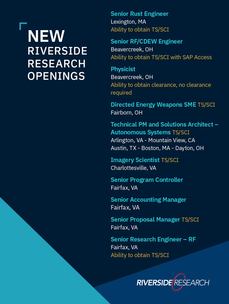 Ready for your next role? We’re #hiring! We have positions in #physics, #MASINT, #accounting, and more. 

View the open roles here: riversideresearch.org/careers
#AccountingJobs #STEMJobs