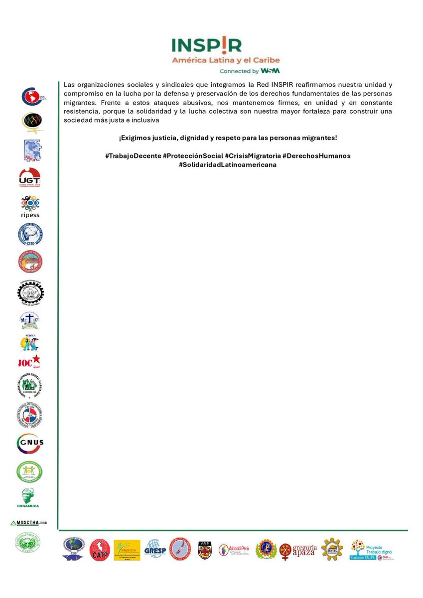 📢 ¡Alerta sobre políticas migratorias inhumanas!

 La crisis migratoria es el reflejo de un sistema que expulsa a quienes buscan una vida digna y luego les cierra las puertas. ¡Exigimos justicia y protección para todas las personas migrantes! ✊🏼
#JusticiaParaMigrantes #RedINSPIR