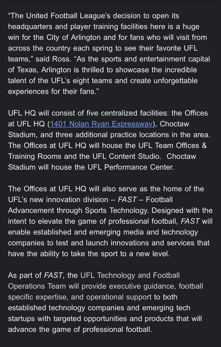 TheMikeLathrop's tweet photo. NEWS:

United Football League announce City of Arlington will become the year-round operations home for the league.

Per @TheUFL Press Release.

#UFL #UFL2025 #UnitedFootballLeague https://t.co/CSZkb0nSNp