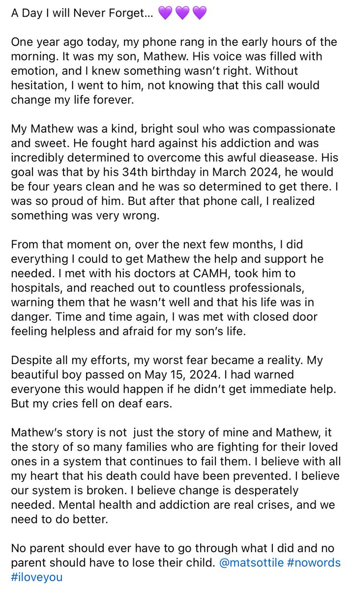 RaeSunshine25's tweet image. A dear friend’s story worth sharing.

A mother should never have to bury her child 

#MentalHealthMatters 

#ForMatthew 🕊️

💜💜💜