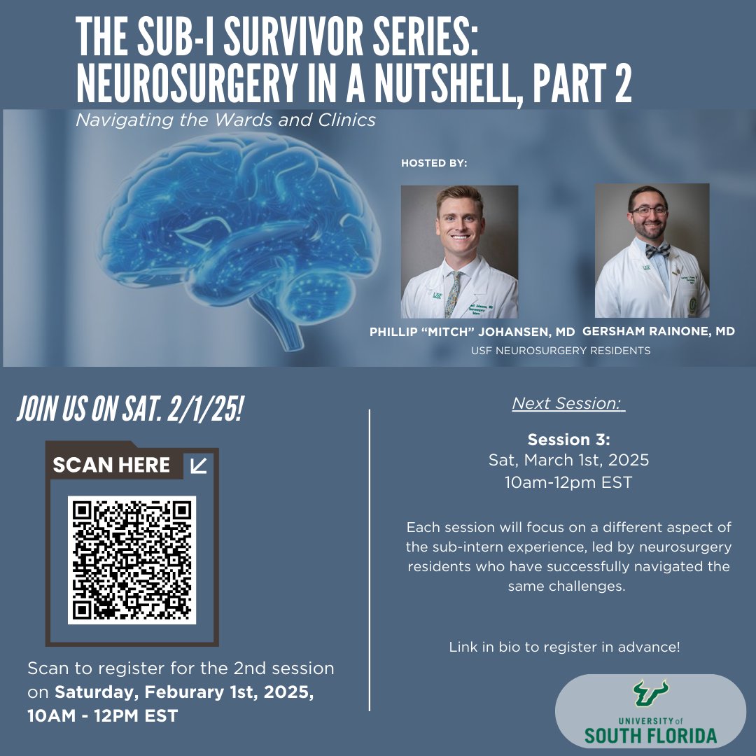 Our first session of the "Sub-I Survivor Series" earlier this month was a huge success—thank you to everyone who joined!

Our next virtual session is happening this Saturday, Feb 1st, from 10AM to 12PM EST via MS Teams. Link in bio to register for all remaining sessions!

#USF