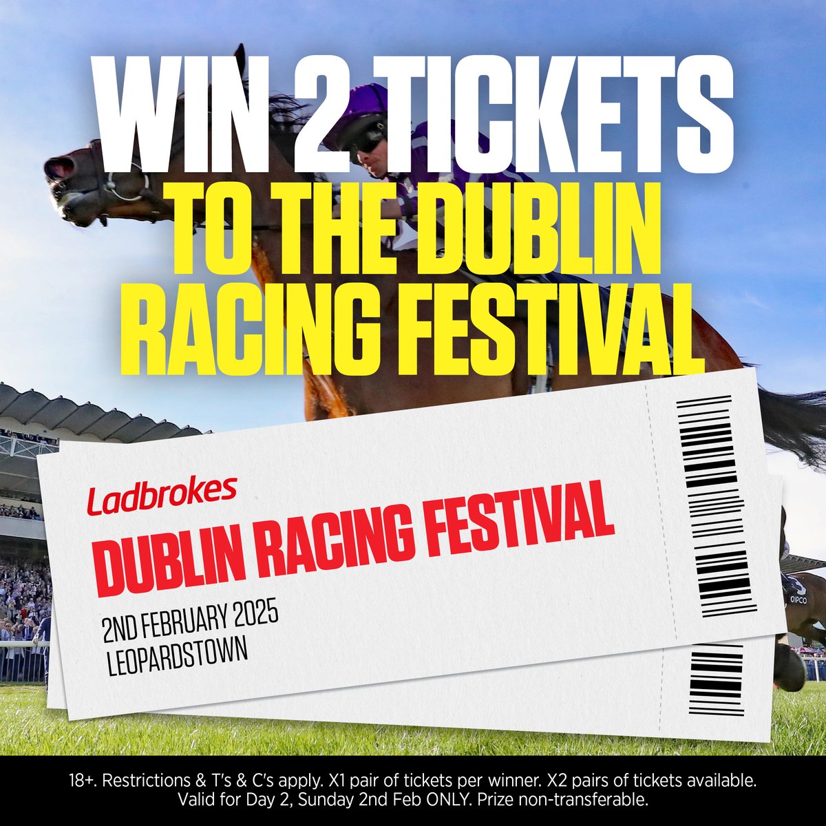 ATTENTION HORSE RACING FANS! 🏇  

We have tickets to giveaway to the Dublin Racing Festival <a href="/LeopardstownRC/">Leopardstown RC</a> this Sunday! 😍

Simply follow the steps below! 👇 

✅ LIKE &amp; RETWEET THIS POST
✅ FOLLOW US <a href="/Ladbrokes/">Ladbrokes</a> 
✅ TAG WHO YOU’D TAKE IN THE REPLIES

#HorseRacing #Leopardstown