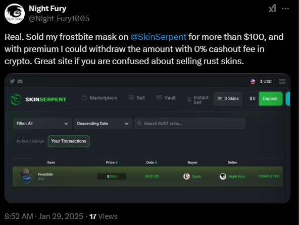 Looking to sell Rust skins quickly and want the most out of them? Sell on SkinSerpent using premium
0% Cashout / Sellers fee!

skinserpent.com