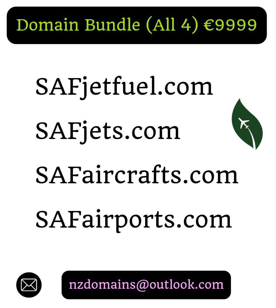 ✈️🟢 Domain Bundle For Sale 🟢✈️ 

#Domains #DomainNameForSale #domainnames #SAF #AviationNews #aviation #Jets #airlines #CleanEnergy #investing #Sustainability #biofuel #SustainableAviation
#SustainableAviationfuel #airports #greentech #branding #greenaviation #technews #fuel