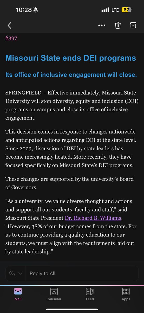 ByParkerPadgett's tweet image. Just in: Missouri State University announced it is ending its DEI programs and office of Inclusive Engagement.