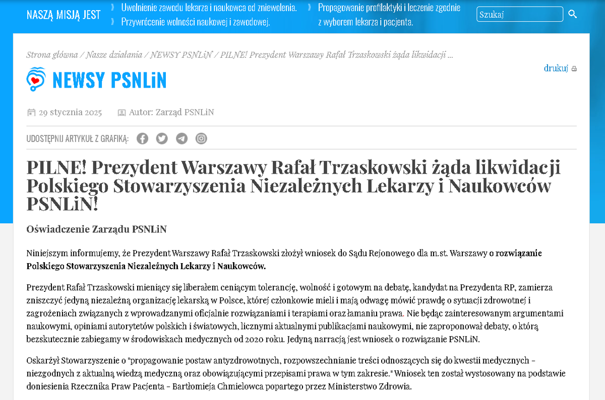 coolfonpl's tweet photo. Trzaskowski chce zlikwidować niezależne stowarzyszenie lekarzy PSNLiN! Wysłał wniosek o likwidację do Sądu. https://t.co/JrENnwJqSg