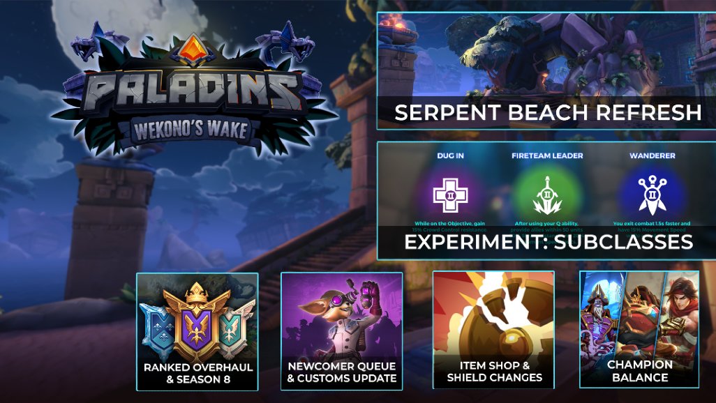 PaladinsGame's tweet image. Rediscover Serpent Beach and claim newfound powers in Wekono's Wake, LIVE NOW!
🐍 Map Refresh: Serpent Beach
🧪 Experimental Queue: Subclasses
⚔️ Ranked Season 8 Overhaul
⚙️ Newcomer Queue
🛡️ Item Shop & Shield Rebalance
📰 store.steampowered.com/news/app/44409…