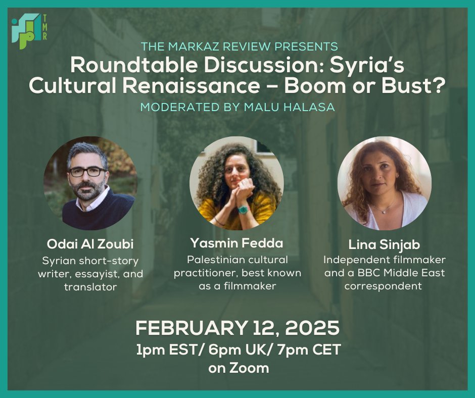 🗓️ [UPCOMING EVENT]

The 2011 Syrian revolution unleashed a wave of creativity, breaking decades of silence. Can culture heal old wounds and shape Syria’s future? Join Lina Sinjab (<a href="/BBCLinaSinjab/">Lina Sinjab لينا سنجاب</a>), Yasmin Fedda, and Odai Al Zoubi (<a href="/odai_alzoubi_/">odai al zoubi عدي الزعبي</a>) on Feb 12 at 1pm EST/6pm UK.