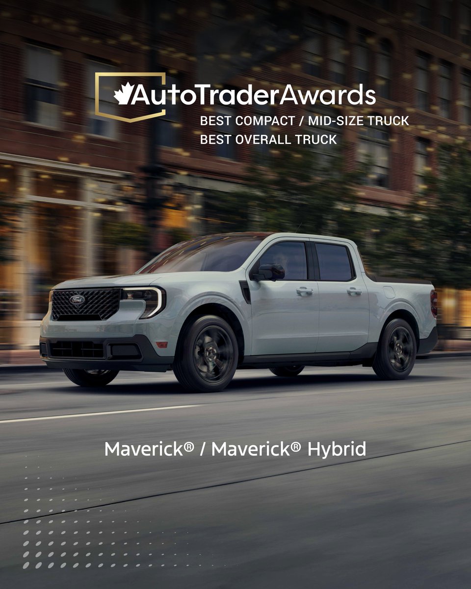 Ford Canada (@fordcanada) on Twitter photo Built to defy expectations.
Proud to announce that the 2025 Ford Maverick® was awarded Best Compact Mid-Size Truck and Best Overall Truck by <a href="/ca_autotrader/">AutoTrader.ca</a>!
#FordCanada #FordMaverick #AutoTraderAwards Built to defy expectations.
Proud to announce that the 2025 Ford Maverick® was awarded Best Compact Mid-Size Truck and Best Overall Truck by <a href="/ca_autotrader/">AutoTrader.ca</a>!
#FordCanada #FordMaverick #AutoTraderAwards