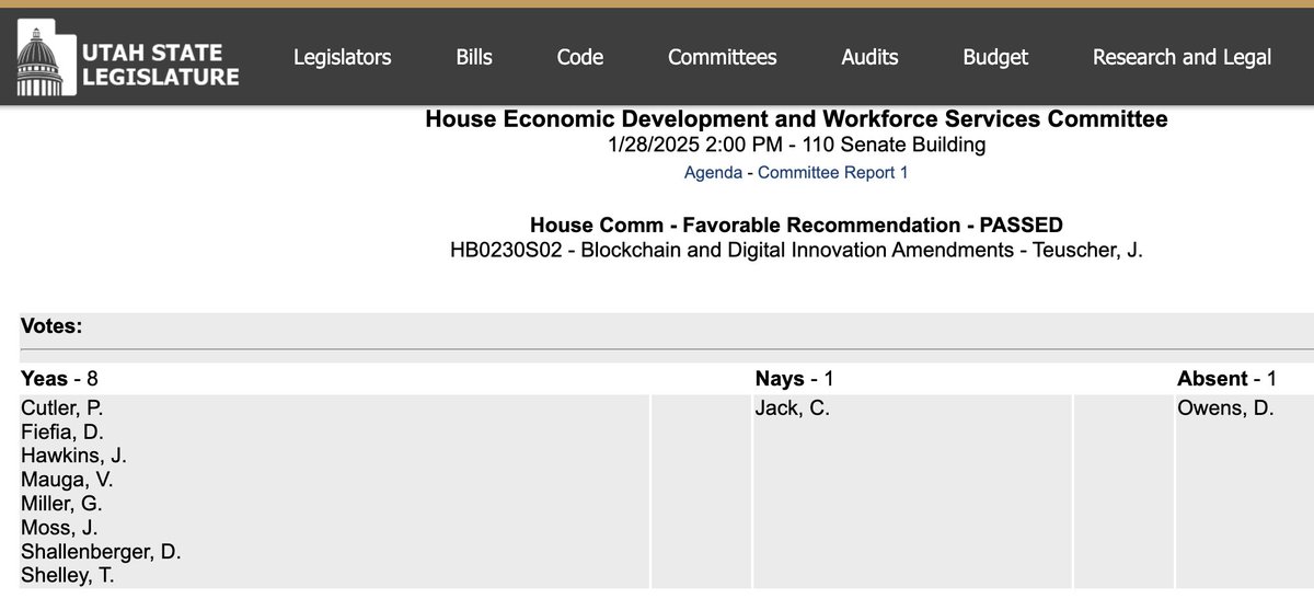 NEW: 🇺🇸 Utah House Committee PASSES bill that would allow the state to invest a portion of public funds in Bitcoin and digital assets.

The bill now moves to the full House for consideration.