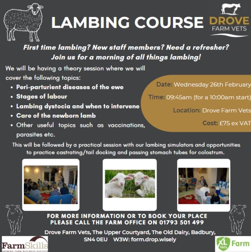 Lambing Course Wednesday 26th February <a href="/DroveFarmVets/">Drove Farm Vets</a> 
This fantastic Course is always well subscribed so book bow to avoid disappointment 🤗