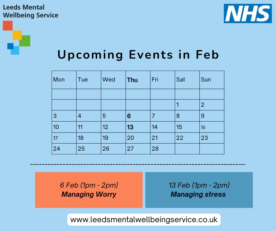 Hello Leeds! Join our February wellbeing workshops on managing worry and stress. It's the perfect way to get into the new year feeling great!

Sign up now in the link below on our workshop website. Your wellbeing matters! 💪✨

leedscommunityhealthcare.nhs.uk/our-services-a…

#LeedsWellbeingWorkshops