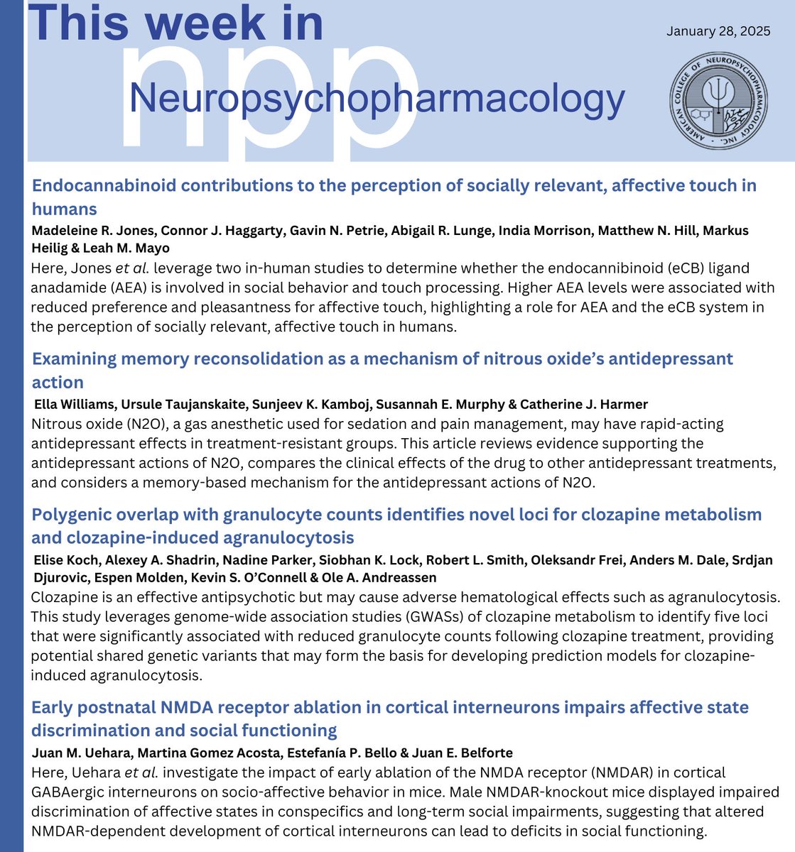 Neuropsychopharmacology (@npp_journal) on Twitter photo Here's a recap of what's new #ThisWeekInNPP ⤵️
We highlight mechanisms underpinning social processing in 🧑👩 (<a href="/m_r_jones/">Madeleine Jones</a> <a href="/ConnorHaggarty/">connorhaggarty.bsky.social</a> <a href="/MayoOnTheBrain/">Leah Mayo</a>) & 🐭, antidepressant/memory effects of NO2🧠, & mechanisms contributing to clozapine-induced agranulocytosis🩸 Here's a recap of what's new #ThisWeekInNPP ⤵️
We highlight mechanisms underpinning social processing in 🧑👩 (<a href="/m_r_jones/">Madeleine Jones</a> <a href="/ConnorHaggarty/">connorhaggarty.bsky.social</a> <a href="/MayoOnTheBrain/">Leah Mayo</a>) & 🐭, antidepressant/memory effects of NO2🧠, & mechanisms contributing to clozapine-induced agranulocytosis🩸