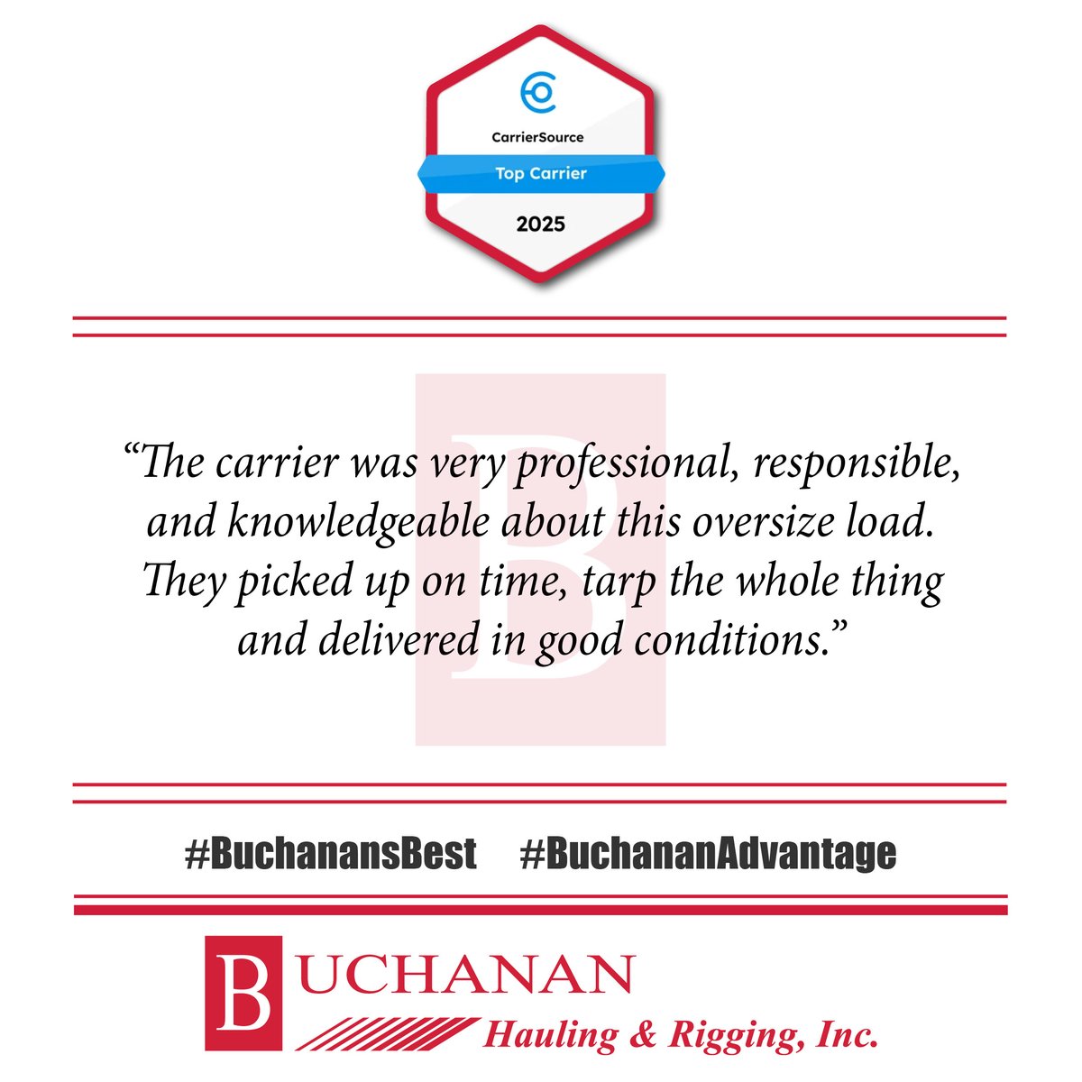 BuchananHauling's tweet photo. 🚚Buchanan Hauling was featured in the top 50 of "Top Carriers for 2025!"🥳 Our drivers get the recognition they deserve:

“The carrier was very professional, responsible, and knowledgeable... They picked up on time, tarp the whole thing and delivered in good conditions.” https://t.co/yAU1Ubw9ac