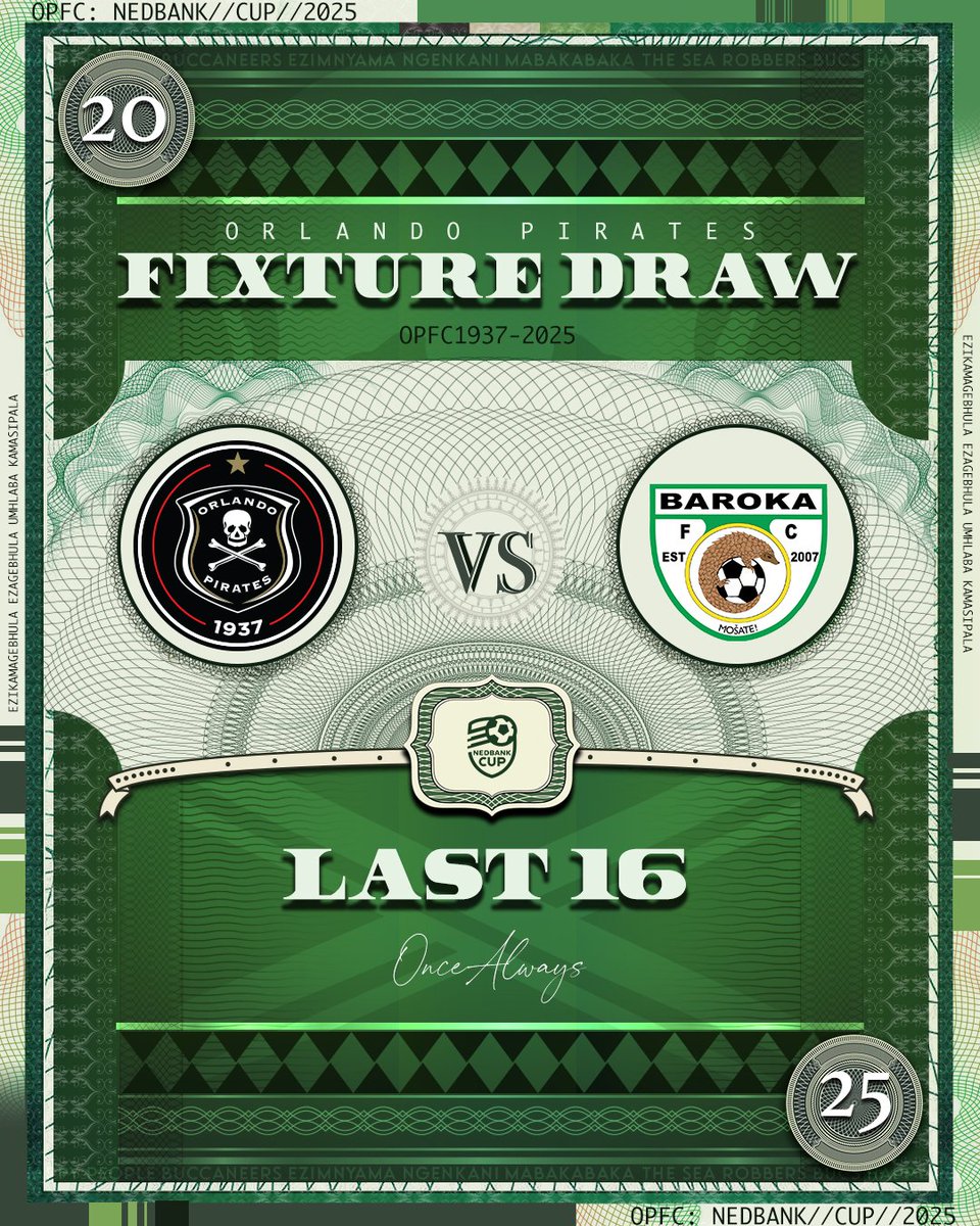 #NedbankCup 🏆  Last 16 Opponent Confirmed

🆚 <a href="/Baroka_FC/">Baroka Football Club</a>
🗓️ TBC

⚫⚪🔴⭐
#OrlandoPirates
#Oncelways