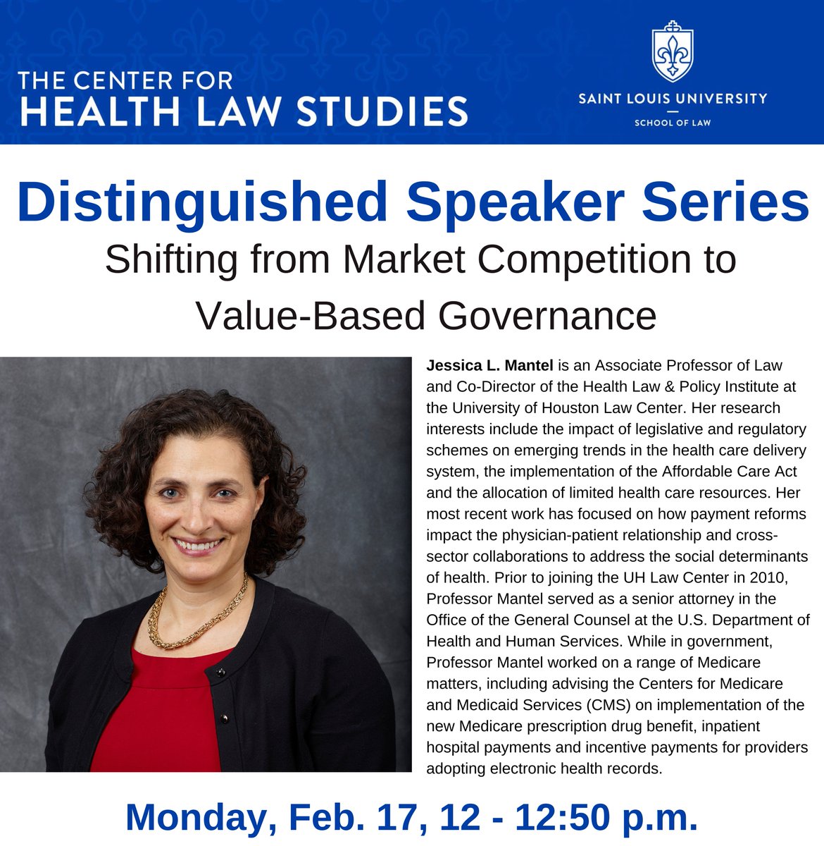 SLU Health Law (@slu_healthlaw) on Twitter photo Register now for <a href="/SLULAW/">SLU LAW</a> Distinguished Speaker <a href="/Mantel_JessicaL/">Jessica Mantel</a> from <a href="/UHLAW/">UH Law Center</a>. She will join us on Mon. 2/17 for "Shifting from Market Competition to Value-Based Governance." Free & available to attend in person or via Zoom.
forms.gle/U8vT1CE9h1Y3pX… Register now for <a href="/SLULAW/">SLU LAW</a> Distinguished Speaker <a href="/Mantel_JessicaL/">Jessica Mantel</a> from <a href="/UHLAW/">UH Law Center</a>. She will join us on Mon. 2/17 for "Shifting from Market Competition to Value-Based Governance." Free & available to attend in person or via Zoom.
forms.gle/U8vT1CE9h1Y3pX…