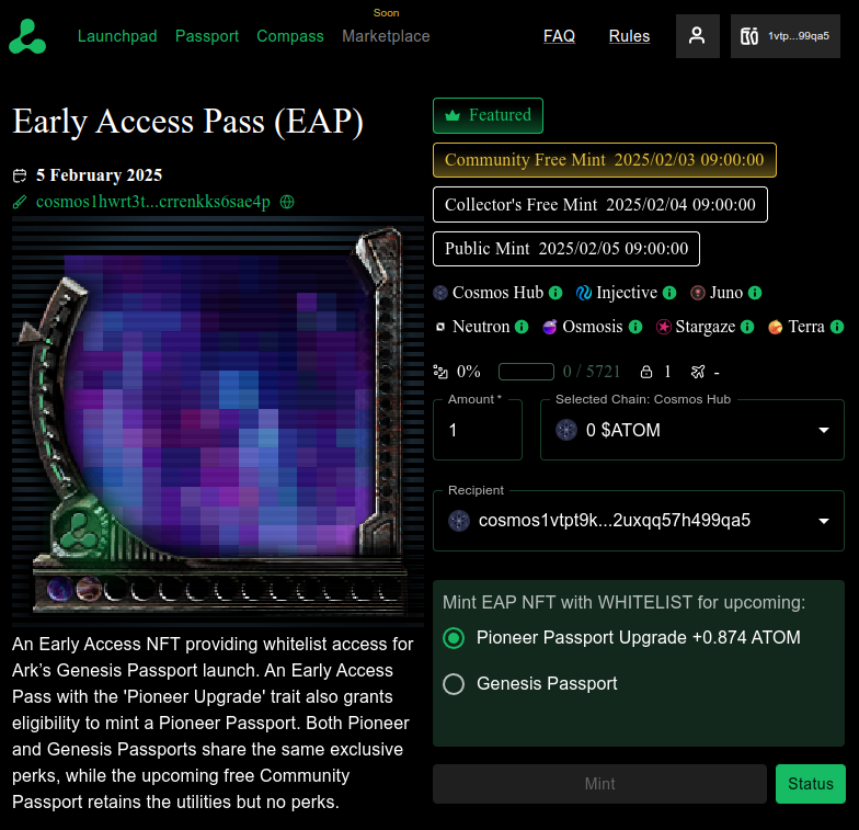 🚀 Launchpad is LIVE! 🚀

The first-ever InterChain NFT launch is happening this Friday, Jan 31st at 8 AM UTC! 🌍✨

🔗 Mint here: interchain.arkprotocol.io/launchpad

Minting on 7 chains:
<a href="/cosmoshub/">Cosmos Hub ⚛️</a> <a href="/StargazeZone/">Stargaze ✨🔭</a> <a href="/injective/">Injective 🥷</a> <a href="/JunoNetwork/">Junø</a> @Neutron_org <a href="/osmosis/"></a> <a href="/terra_money/">Terra 🌍 Powered by LUNA 🌕</a>
🎟️ Free EAP