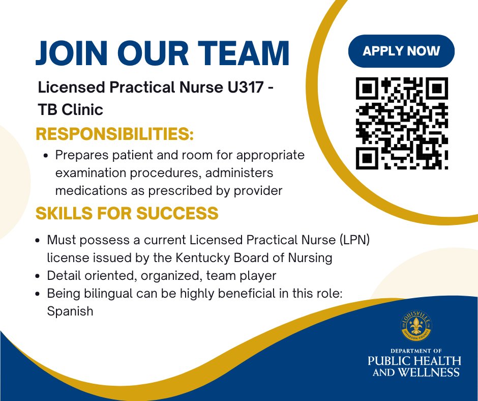 Join our team! We are looking for a licensed practical nurse for our TB clinic. Those interested can apply by visiting shorturl.at/V7PQT
Closing date 2/6/2025