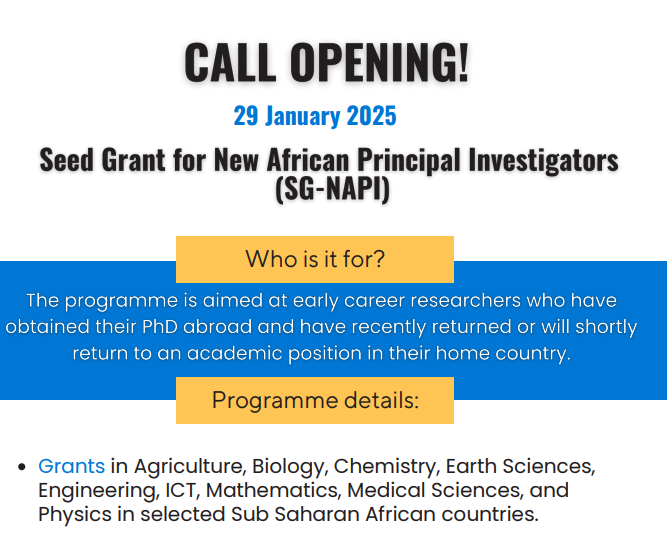SG-NAPI Seed Grant 2025 – Apply Now!
The <a href="/TWASnews/">TWAS - The World Academy of Sciences</a>-UNESCO Seed Grant for New African Principal Investigators (SG-NAPI) is open for applications until March 27, 2025!
As a #past_winner, I encourage Somali and other African scientists to apply. 
👉twas.org/opportunity/se…