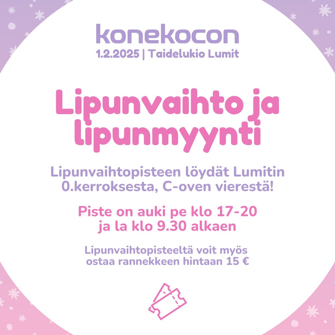 Lipunvaihtopisteen löydät Lumitin 0.kerroksesta, C-oven vierestä! 🫶🏻

Piste on auki perjantaina klo 17-20 ja lauantaina klo 9.30 alkaen.

Lipunvaihtopisteeltä voit myös ostaa tapahtumarannekkeen hintaan 15 €

#nekocon #nekoconfi #konekocon #animetapahtuma #kuopio