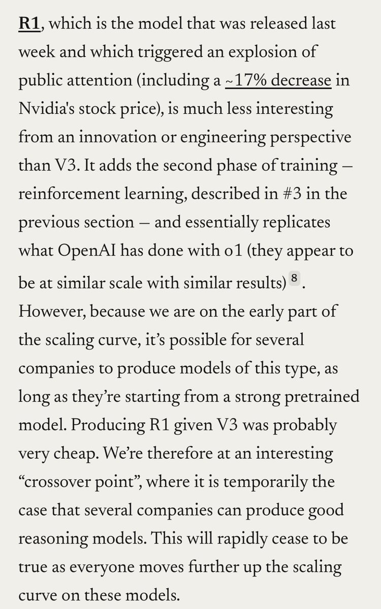 These four points on DeepSeek seem very likely correct and important to understand about the economics of building AI models and what DeepSeek actually did. .