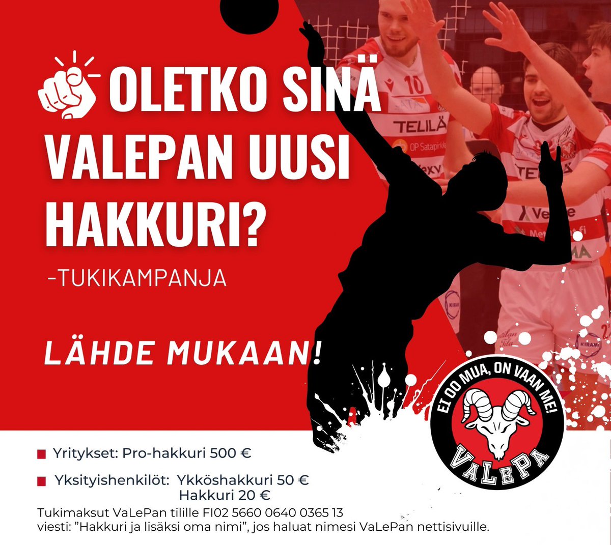 VaLePaSastamala (@valepasastamala) on Twitter photo Oletko SINĂ VaLePan uusi HAKKURI?â¤ď¸đ¤
<a href="/mestaruusliiga/">Mestaruusliiga</a>
<a href="/FinnVolleyBall/">FinnishVolleyball</a>
<a href="/Sastamala/">Sastamalan kaupunki</a>
#valepa #sastamala #tampere #eioomuaonvaanme Oletko SINĂ VaLePan uusi HAKKURI?â¤ď¸đ¤
<a href="/mestaruusliiga/">Mestaruusliiga</a>
<a href="/FinnVolleyBall/">FinnishVolleyball</a>
<a href="/Sastamala/">Sastamalan kaupunki</a>
#valepa #sastamala #tampere #eioomuaonvaanme