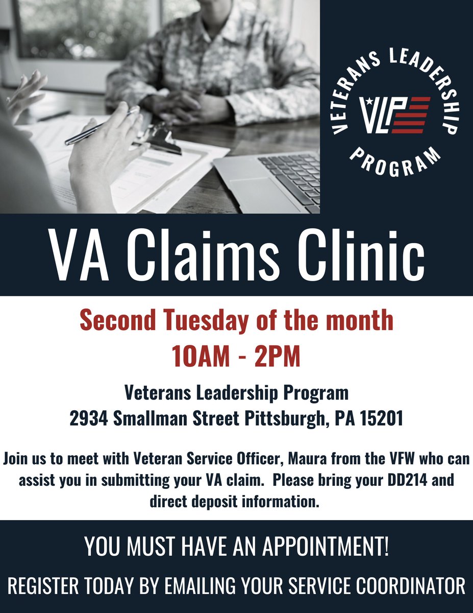 Veterans Leadership Program (@vlpwpa) on Twitter photo VLP is hosting a VA Claims Clinic during the second Tuesday of every month where a VFW representative will be present to assist individuals in navigating through the VA claims process. Please reach out at info@vlpwpa.org or call 844-VLP-VETS to make an appointment today! VLP is hosting a VA Claims Clinic during the second Tuesday of every month where a VFW representative will be present to assist individuals in navigating through the VA claims process. Please reach out at info@vlpwpa.org or call 844-VLP-VETS to make an appointment today!