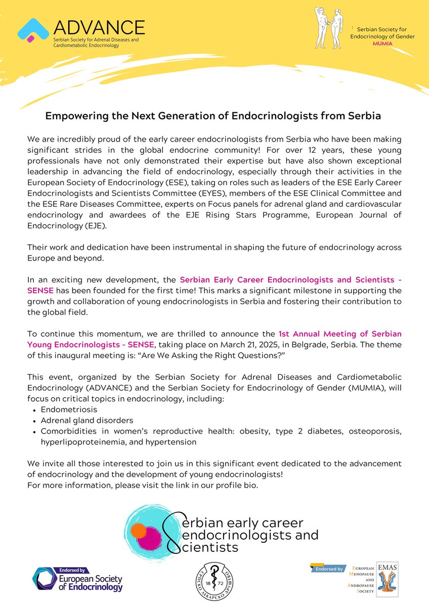 Srpski Mladi Endokrinolozi SENSE (@mladiendo) on Twitter photo 🌟 We are beyond proud and excited to announce the launch of the Serbian Early Career Endocrinologists and Scientists - SENSE
<a href="/AdvanceAdrenal/">Advance</a> <a href="/ESEndocrinology/">European Society of Endocrinology (ESE)</a> <a href="/emas_online/">European Menopause and Andropause Society (EMAS)</a> <a href="/EYEScientists/">EYES</a>
🧵1/2 🌟 We are beyond proud and excited to announce the launch of the Serbian Early Career Endocrinologists and Scientists - SENSE
<a href="/AdvanceAdrenal/">Advance</a> <a href="/ESEndocrinology/">European Society of Endocrinology (ESE)</a> <a href="/emas_online/">European Menopause and Andropause Society (EMAS)</a> <a href="/EYEScientists/">EYES</a>
🧵1/2