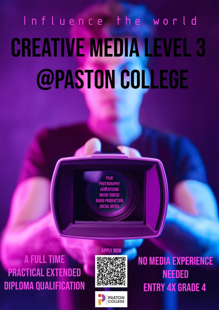 🎥 🎞 Thinking about a career in the media industry? Our Creative and Media Extended Diploma is a great first step!

Find out more: paston.ac.uk/16-18/subject-…