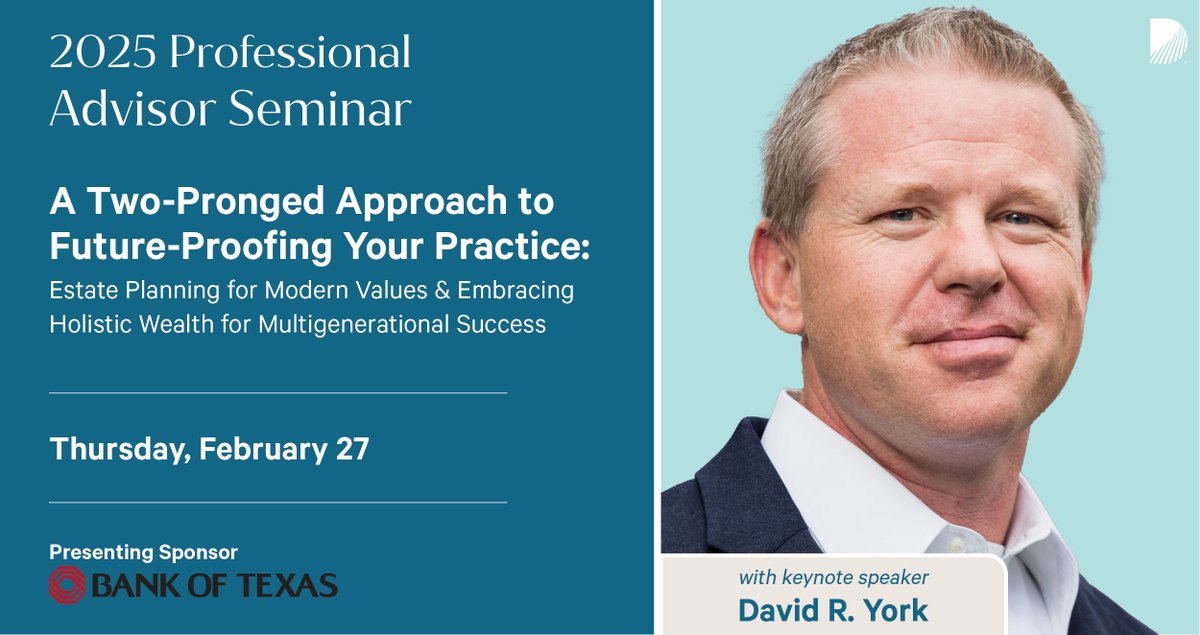 The Dallas Foundation (@tdfhereforgood) on Twitter photo Our Professional Advisor Seminar is almost here — join us on February 27 for expert insights from <a href="/Davidyorkut/">David York</a>, renowned estate planning expert.
David will share strategies to help advisors create meaningful legacies for their clients.
Register today!
bit.ly/3PSHYzd Our Professional Advisor Seminar is almost here — join us on February 27 for expert insights from <a href="/Davidyorkut/">David York</a>, renowned estate planning expert.
David will share strategies to help advisors create meaningful legacies for their clients.
Register today!
bit.ly/3PSHYzd