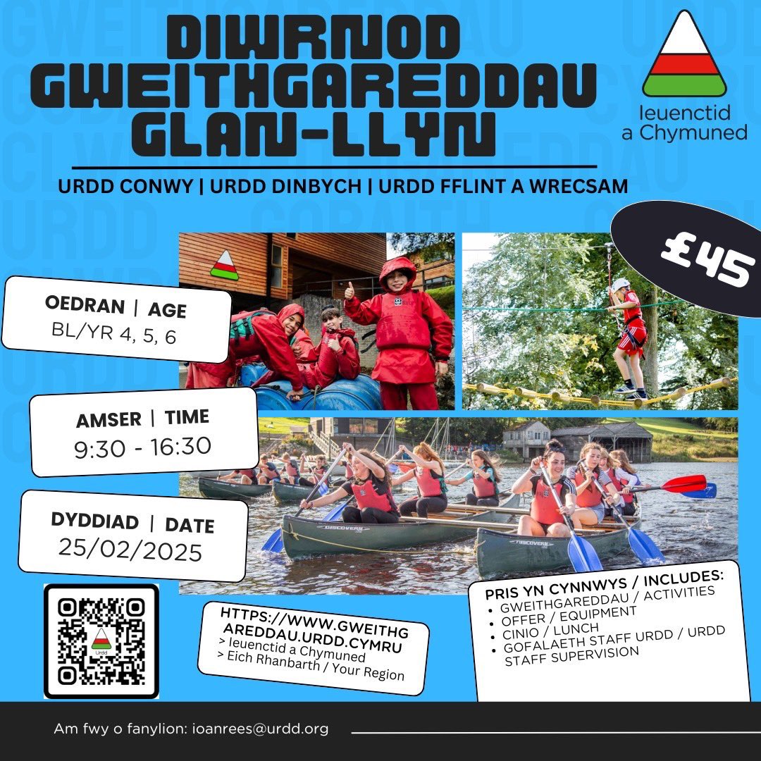 Ysgol Pencae (@ysgol_pencaepen) on Twitter photo Chwilio am weithgareddau awyr agored? Looking for an outdoor challenge? #Urdd
<a href="/UrddConwy/">Urdd Conwy</a> <a href="/Urdd/">Urdd Gobaith Cymru</a> <a href="/glan_llyn/">Gwersyll Glan-llyn</a> Chwilio am weithgareddau awyr agored? Looking for an outdoor challenge? #Urdd
<a href="/UrddConwy/">Urdd Conwy</a> <a href="/Urdd/">Urdd Gobaith Cymru</a> <a href="/glan_llyn/">Gwersyll Glan-llyn</a>