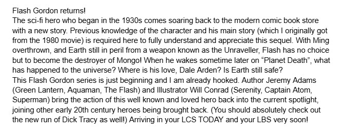 Flash Gordon is back! Check out Vol 1 of the new story in your LCS today. They took what was previously established and added on new stuff. Check it out! #FlashGordon <a href="/spacekicker/">Jeremy Adams</a> <a href="/willconrad/">Will Conrad</a> #LeeLoughridge <a href="/TaylorEspo/">🇦🇷 Taylor Esposito, Ghost Glyph Studios,letterer</a>