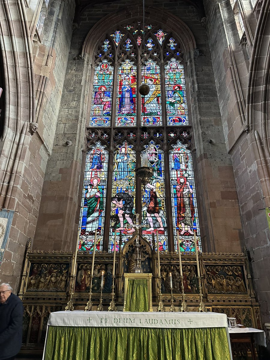FrSga1928's tweet photo. Good to attend a well supported lunchtime Mass at St John the Baptist Coventry today. The walls soar upwards to draw the eye to the life beyond &amp; the stained glass is a vision of what lies there. All spiritually uplifting.
And with a good homily &amp; welcome by Fr Dexter too. https://t.co/ZI2zSI6ZPf