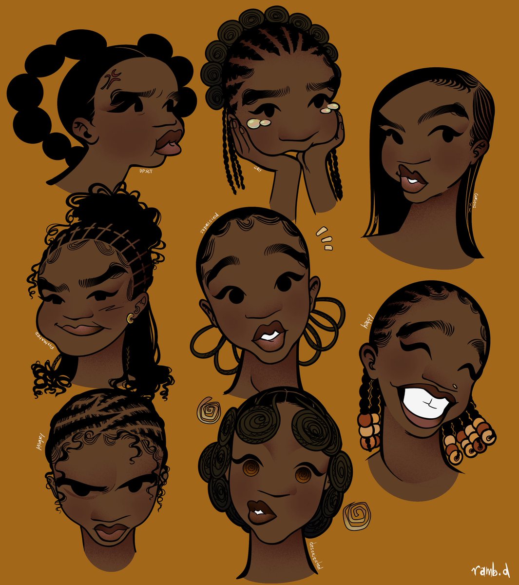 idk if i actually succeed on what intended to do with this drwing. i wanted to do different expressions that would match with each hairstyles