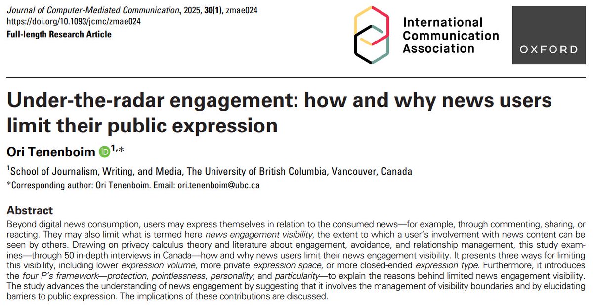 Ori Tenenboim (@ori_tene) on Twitter photo How and why do people limit the visibility of their interactions with news? My newly published article in <a href="/ica_jcmc/">Journal of Computer-Mediated Communication</a> examines these questions, drawing on in-depth interviews with news users from different parts of Canada
academic.oup.com/jcmc/article/3… (open access)
1/6 How and why do people limit the visibility of their interactions with news? My newly published article in <a href="/ica_jcmc/">Journal of Computer-Mediated Communication</a> examines these questions, drawing on in-depth interviews with news users from different parts of Canada
academic.oup.com/jcmc/article/3… (open access)
1/6