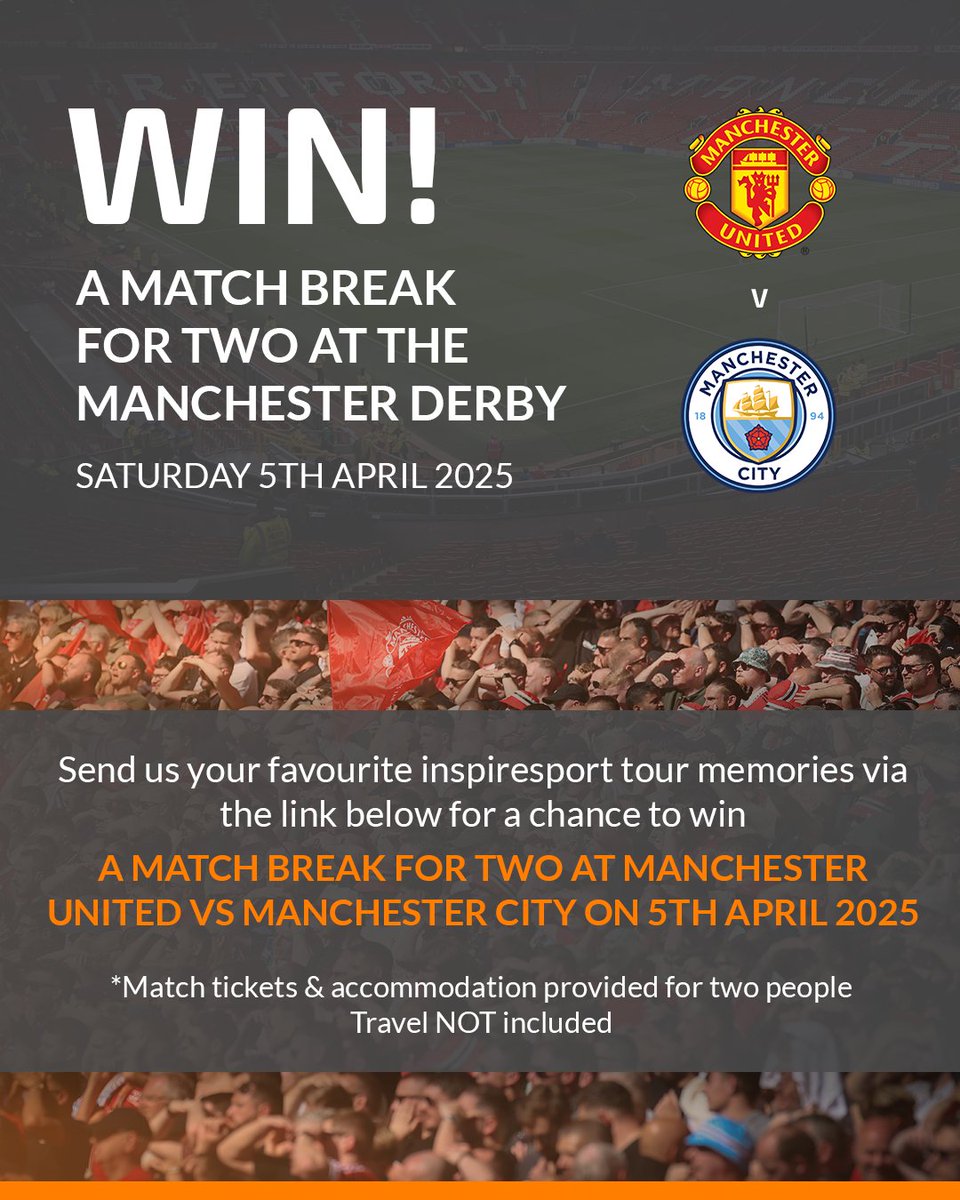 The countdown is on for our incredible 20th anniversary competition! Share your favourite inspiresport tour memories for a chance to win a Manchester Derby experience on 5th April 2025! 🎟️⚽

Competition closes on 31st March 2025! Enter now! ➡️ bit.ly/4aFHBSg