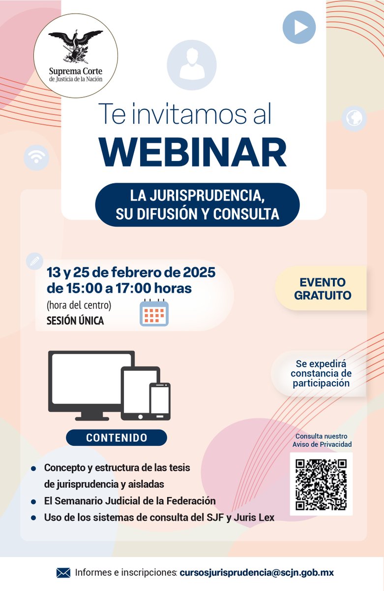 SCJN's tweet photo. 🖥️ Participa en las sesiones del Webinar “La Jurisprudencia su difusión y consulta” del mes de febrero.

📩 El registro es muy fácil: envía un correo electrónico a cursosjurisprudencia@scjn.gob.mx con tu nombre completo y la fecha en la que quieres participar: 13 o 25 de febrero

📌 ¡Que no se te pase!