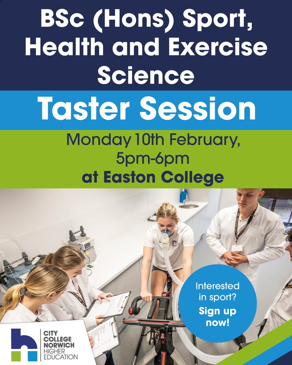 Join our BSc (Hons) Sport, Health and Exercise Science taster session on Monday 10th February, 5pm–6pm at Easton College campus.

Tour our state-of-the-art sports facilities, take part in a practical session and chat to our teaching team! ⚽

Sign up now: ow.ly/vFBq50UPvFk